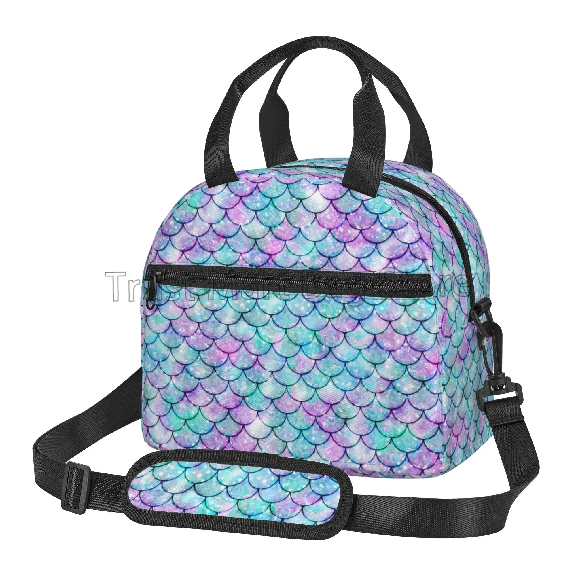 Mermaid Scales Thermal Lunch Bag Reusable Insulated Cooler Bento Tote Bags with Shoulder Strap for Office Picnic Beach Travel