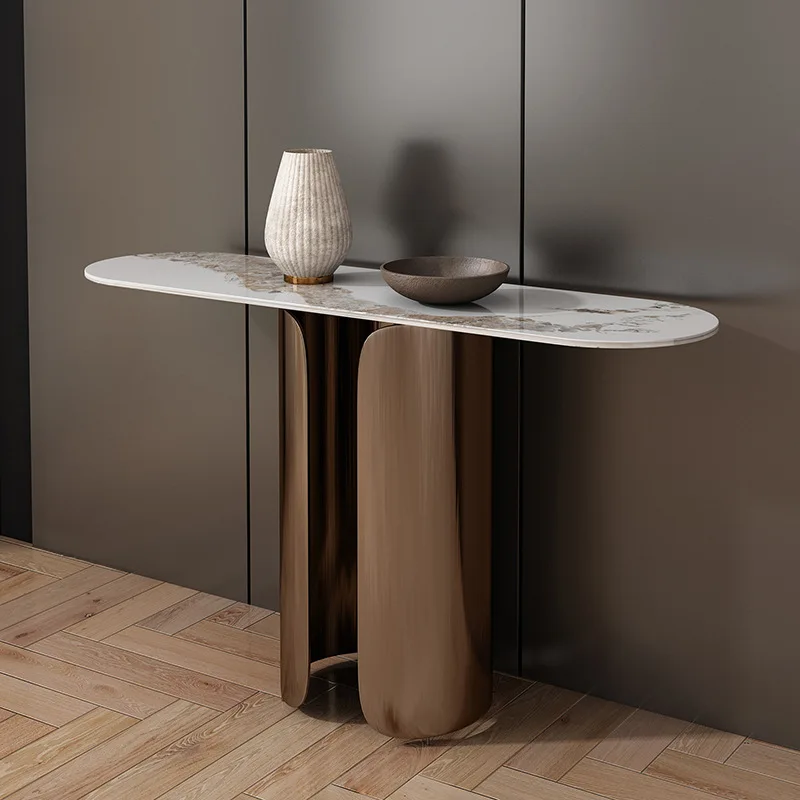 Simple aisle ultra-narrow stainless steel entrance table Italian light luxury rock slab entrance table against the wall