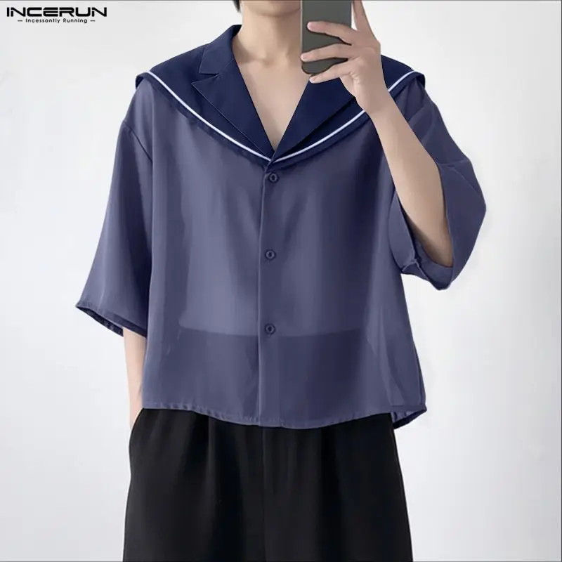 

INCERUN Мужская рубашка из шифона в стиле пэчворк, прозрачная свободная мужская одежда, темно-синий воротник с коротким рукавом, уличная одежда в корейском стиле, мужские топы