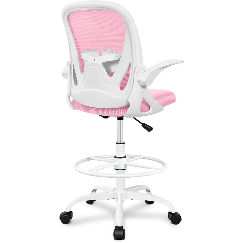 Drafting Chair Tall Office Chair with Flip-up Armrests Executive Ergonomic Computer Standing Desk Chair with Lumbar (Pink)
