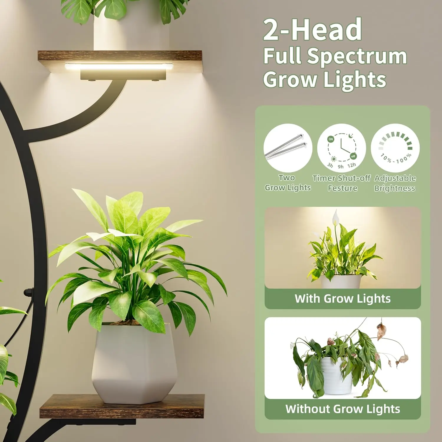 47" Corner Plant Stand with Adjustable Grow Light, 7-Tier Metal Shelf for Indoor Plants in Living Room or Balcony