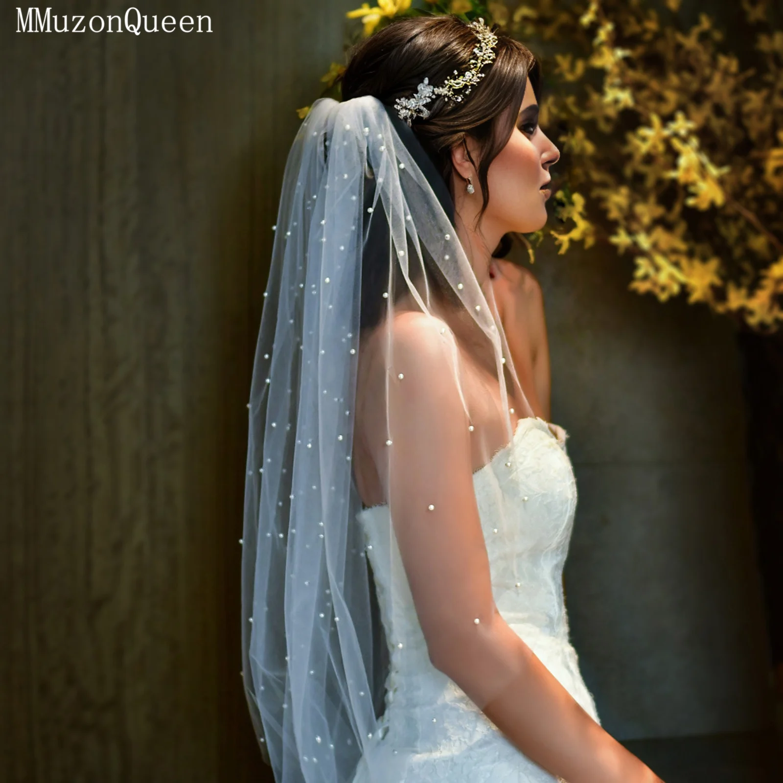 

TOPQUEEN Самая продаваемая высококачественная свадебная фата с жемчугом, длиной до локтя, однослойная, из мягкого тюля, в корейском стиле, свадебный аксессуар M61