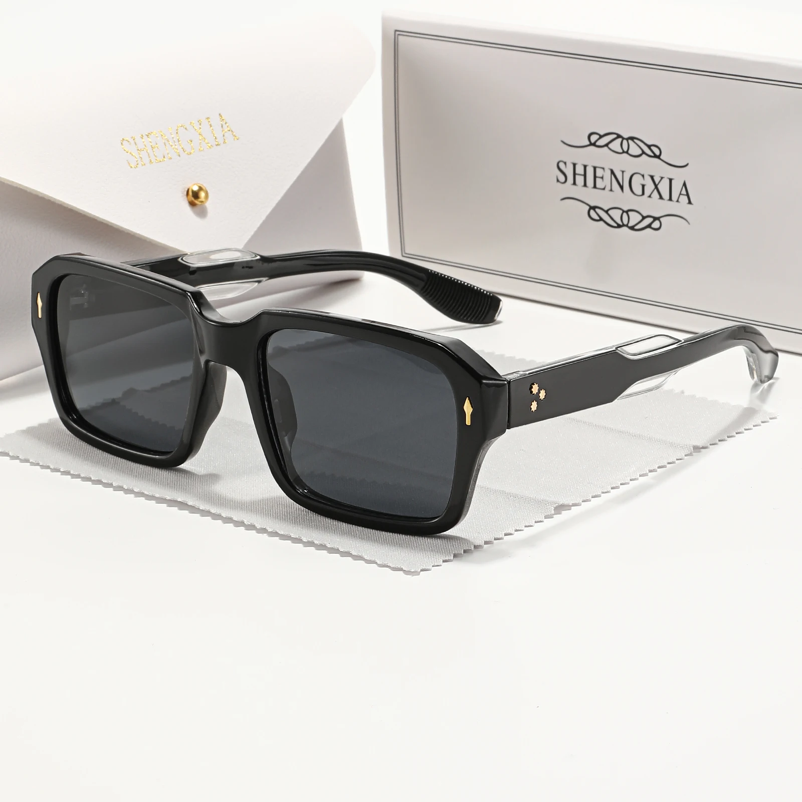 Black Gold Luxury Sunglasses for Women - Large Square Frame, Metal Decorated Temple, Retro Trendy Sunnies with Case Included