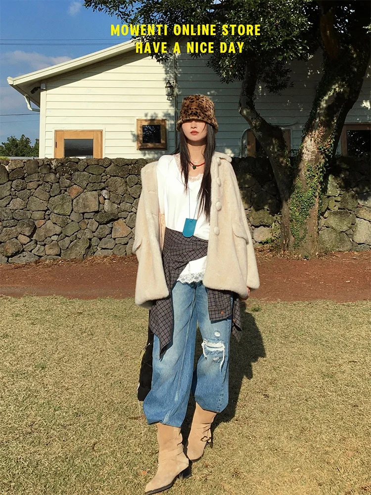 

Джинсы MOWENTI Vintage Waed Ripped Denim, женские, зимние, эксклюзивный дизайн, широкие штанины, высокая талия, хлопок, стрейч-деним