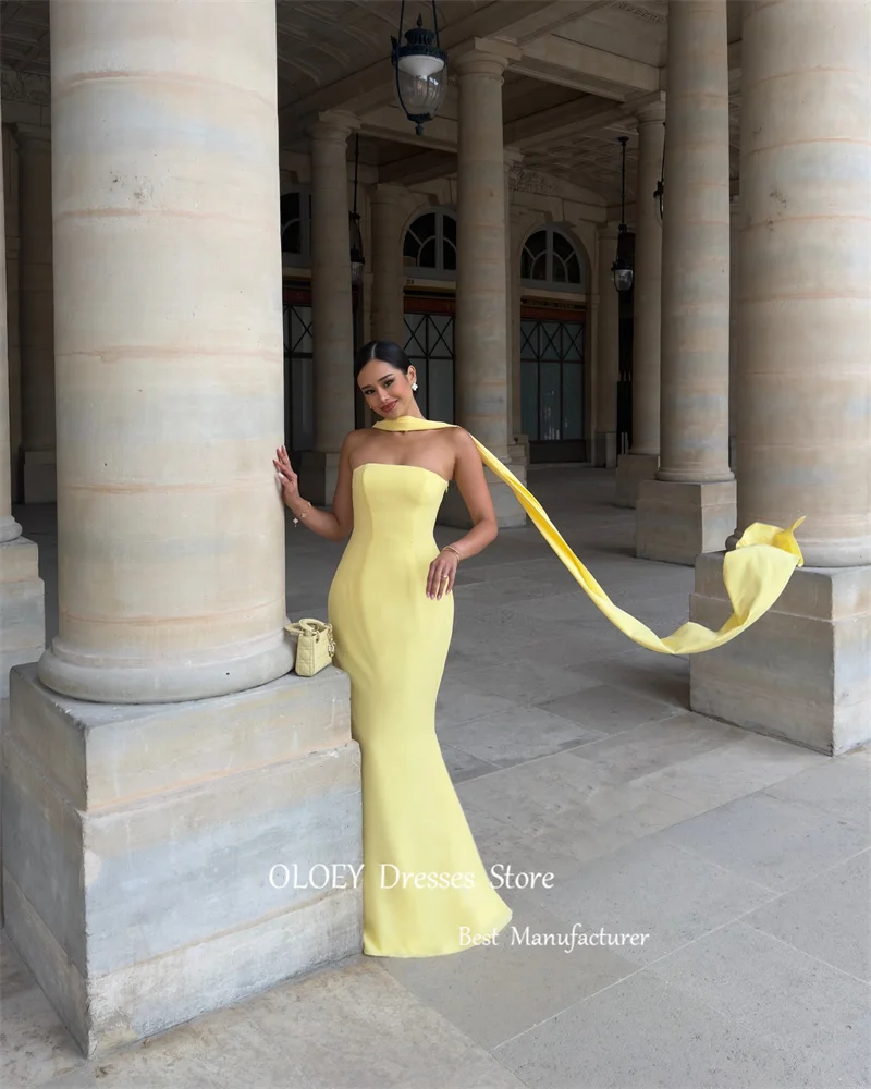 OLOEY Simple Yellow Mermaid Evening Dresses With Scalf Strapless Floor Length Prom Gowns Long Formal Party Dress