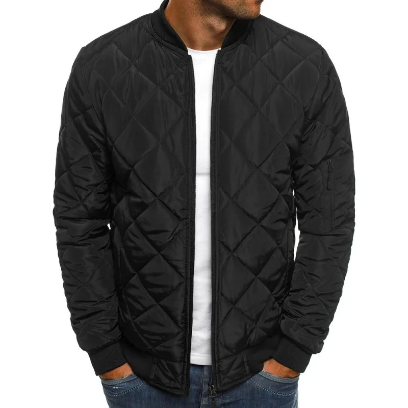 Chaqueta de algodón de Color sólido para hombre, costura a cuadros de diamantes, cuello de pie grueso, abrigo cálido de invierno