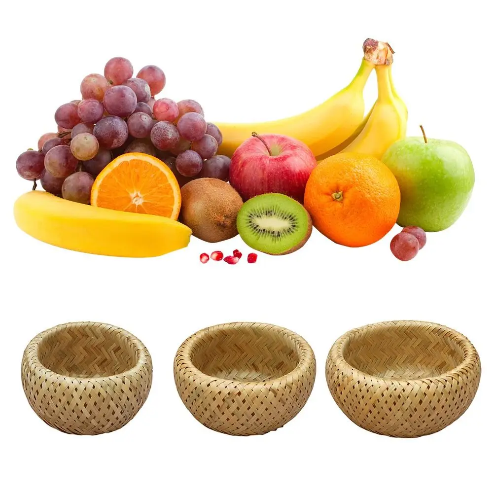 Round Storage Basket Vegetables Candy Snacks Woven Pattern Bread Fruit Tray Tool Sundries Organizer Kitchen Organization Box