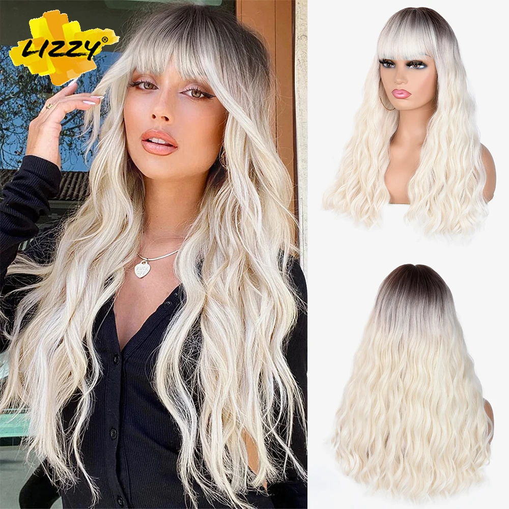 

Long Curly Wavy Hair Wigs For Women Natural Water Wave Wig With Bangs Synthetic Cosplay Party Wig