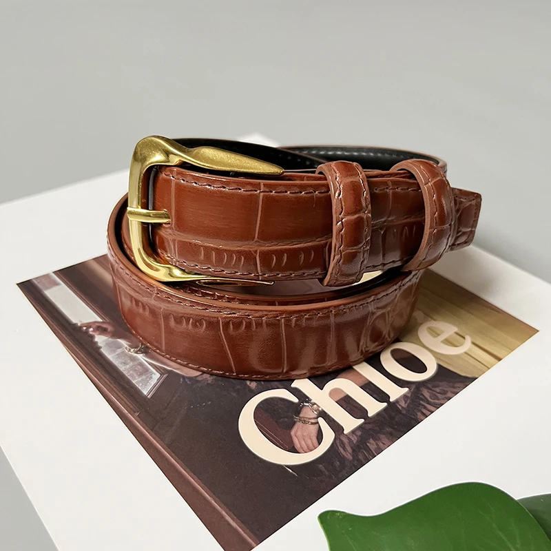 Cowhide Gold-Plated Buckle Belt Original Retro Classic Embossed Ladies Crocodile Belt Versatile Genuine Leather Trend 2.8cm Widt