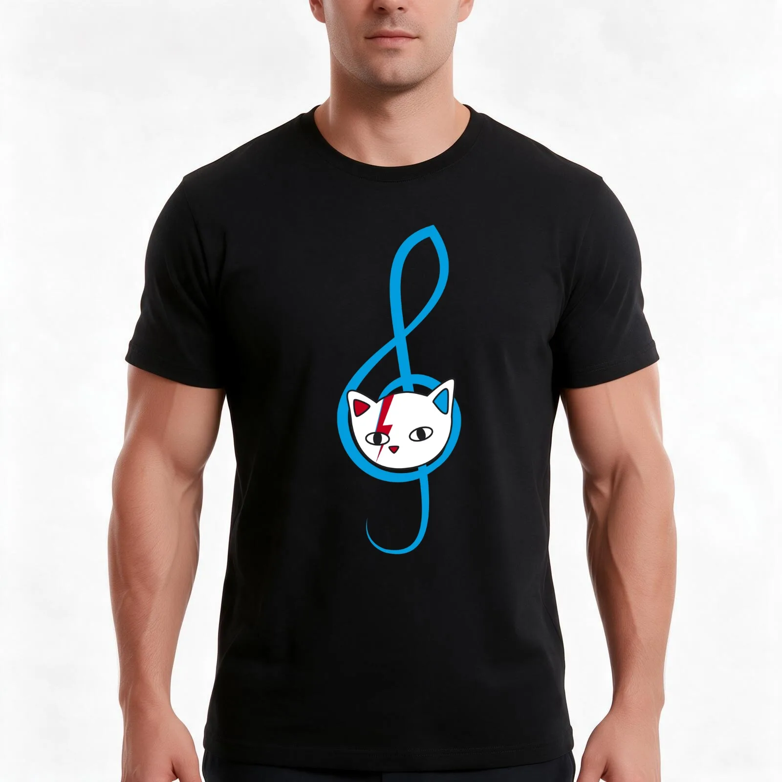 Meowie treble clef T-Shirt, Summer Casual Cotton Tee, Oversized Streetwear Tops, Vintage Graphic Print, Loose Fit Short Sleeve