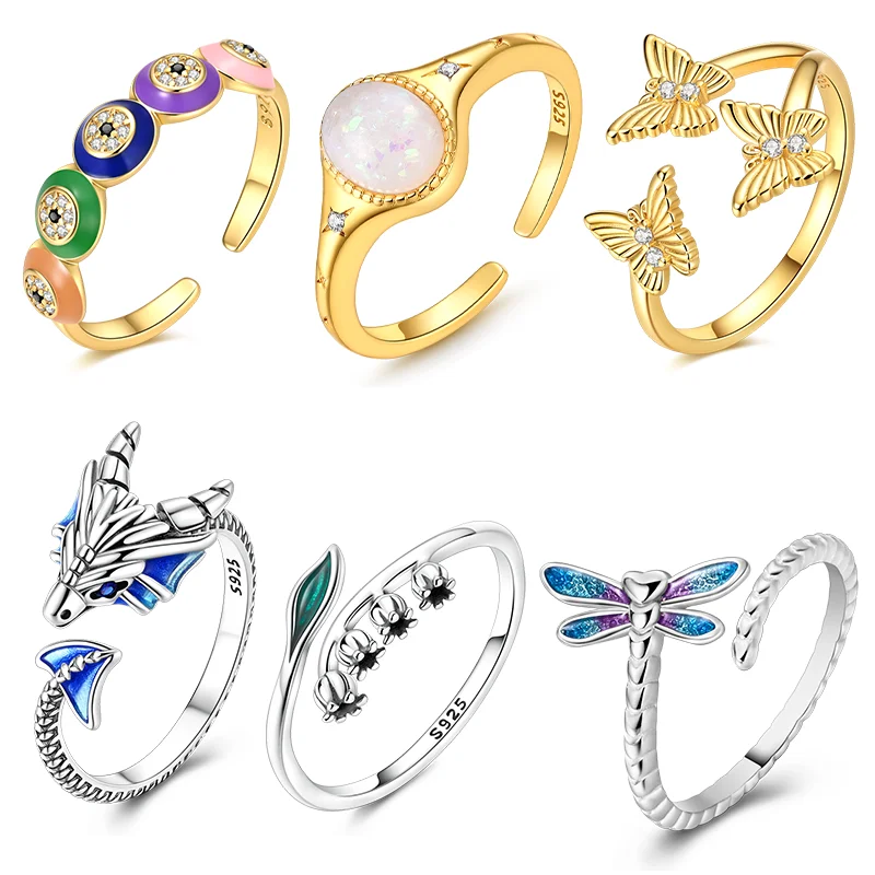 Originaler Ring aus 925er Silber mit funkelnder Libelle, Drache, Schmetterling, offene Ringe für Frauen und Mädchen, Geburtstag, Jahrestag, Verlobungsgeschenke