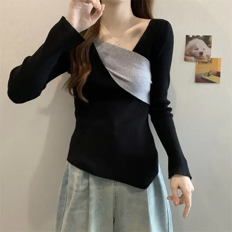 

New Spring and Autumn Fashion Commuting Simplicity Oversize Design Sense Small Fragrance Contrast Bottom T-shirt FemaleK91