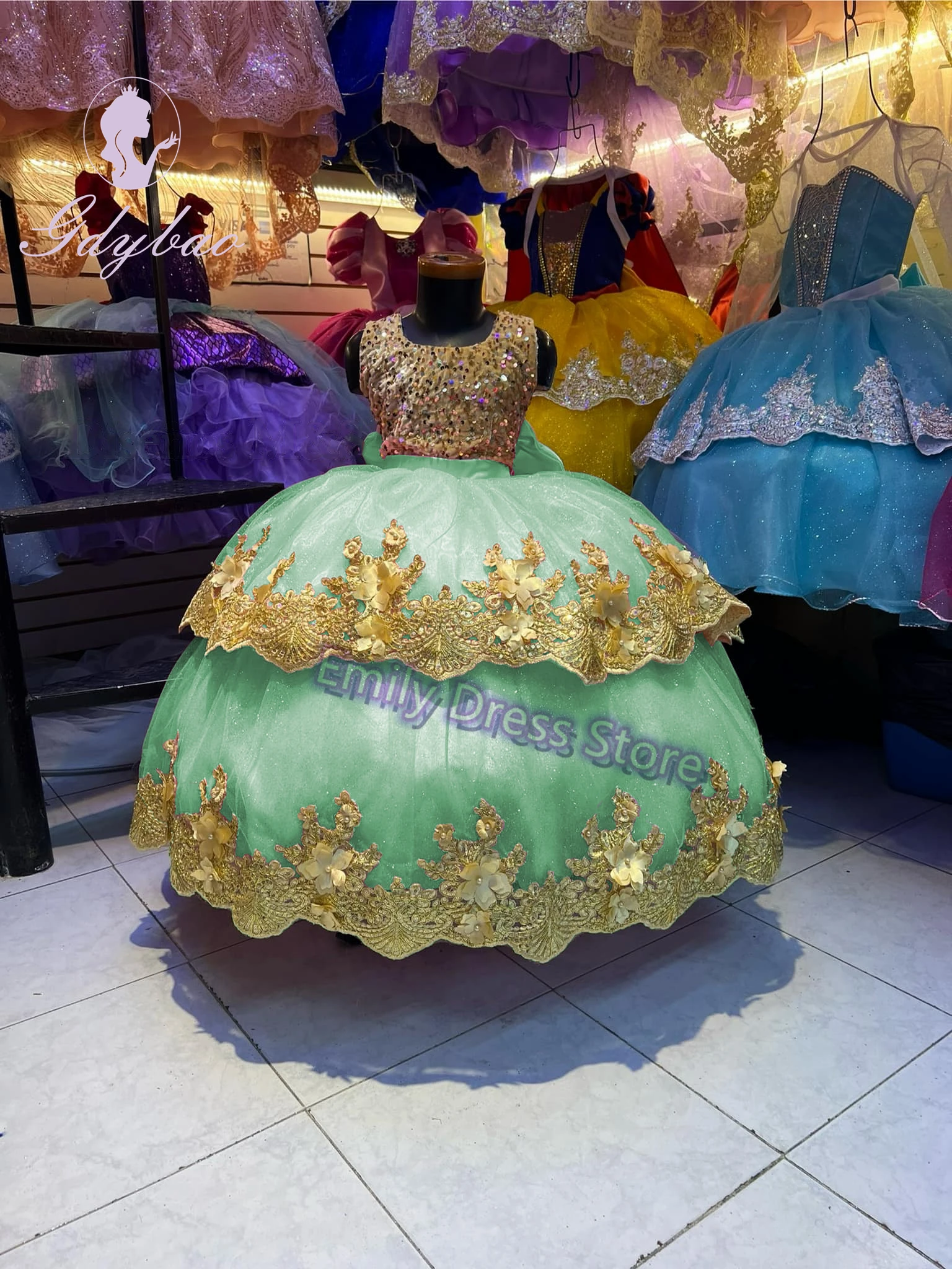 Gaun gadis bunga Applique emas untuk pernikahan sampanye Tulle Puffy renda ulang tahun anak elegan gaun pesta Komuni Pertama