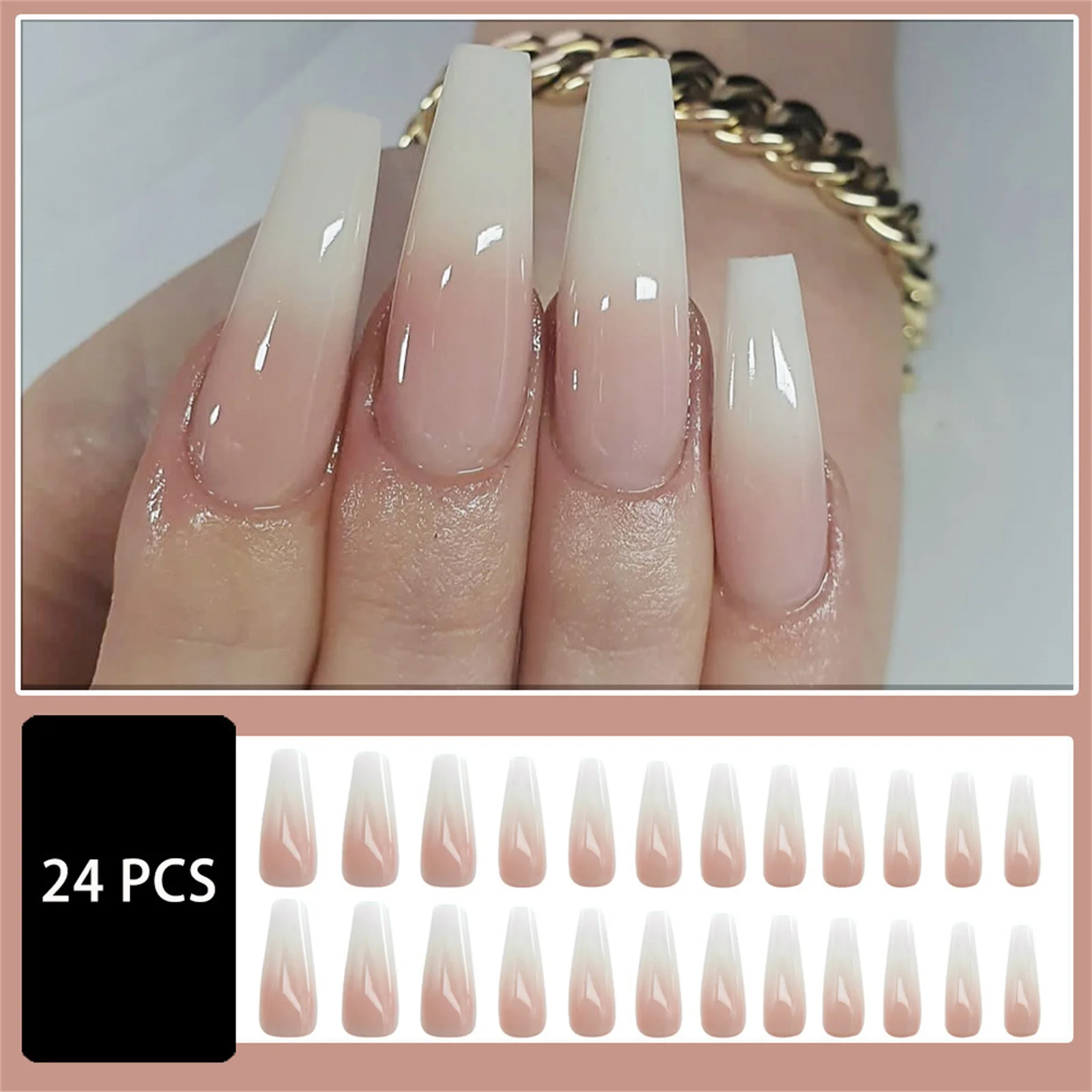 Long Ballerina Fake Nails for Women and Girls 24Pcs Gradient Nude Color Coffin Press On Nails Simple DIY Wedding Nails Art