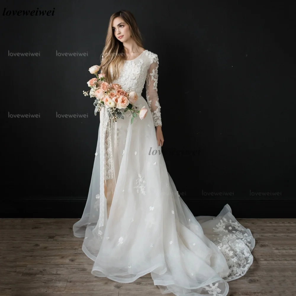 Customized Wedding Dress A Line Appliques Bride Dresses Long Sleeve O Neck Bridal Gowns Elegant Vestidos De Novia