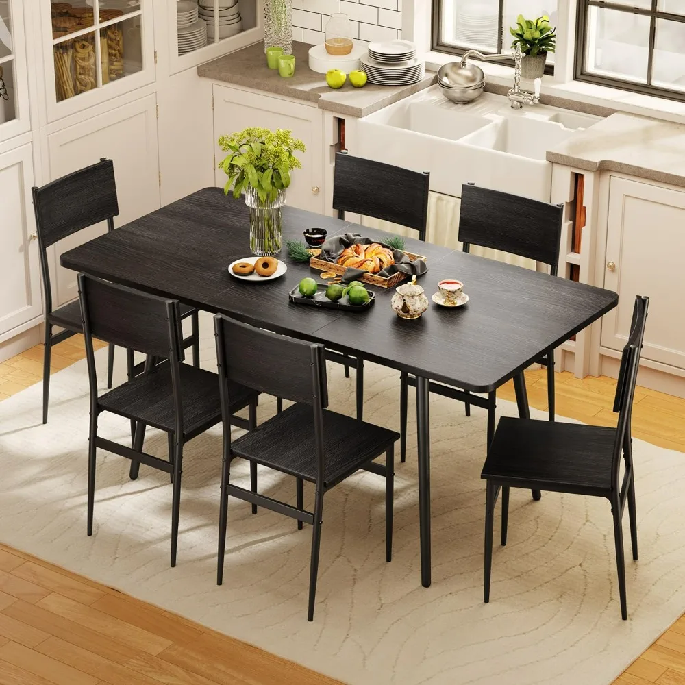 Dining Table Set.7-Piece Dining Table for 4-6, 63” Large Extendable Kitchen Table Set with 6 Chairs,Dining  Set for Kitchen