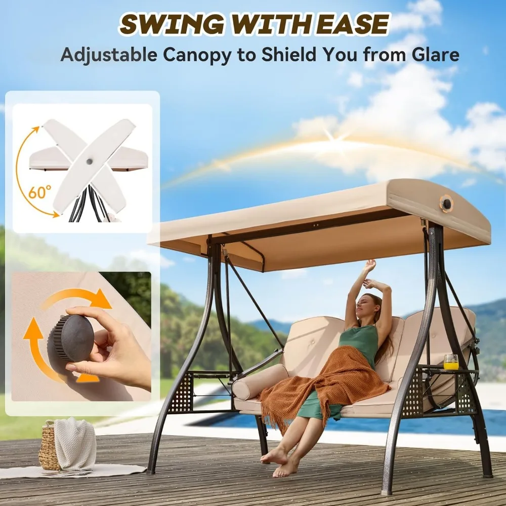 Outdoor Porch Swing with Adjustable Canopy, 3 Seat Outdoor Swing for Adults, Patio Swings Chair