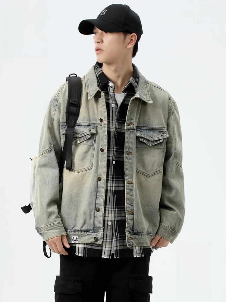 

Мужская джинсовая куртка свободного кроя в винтажном стиле, повседневная рабочая одежда, дышащая ткань из смесового хлопка