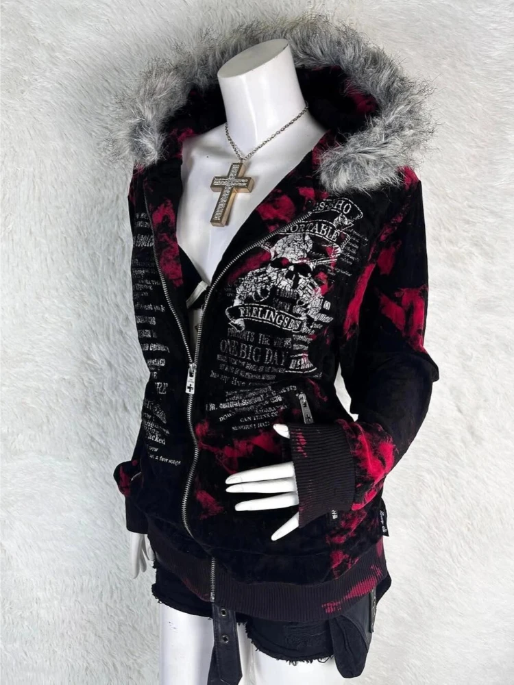 Autumn New Gothic Geometric Print Red Gradient Zipper Hoodies Women's High Street Fur Collar Loose Sweatshirt Harajuku Y2k Coats
