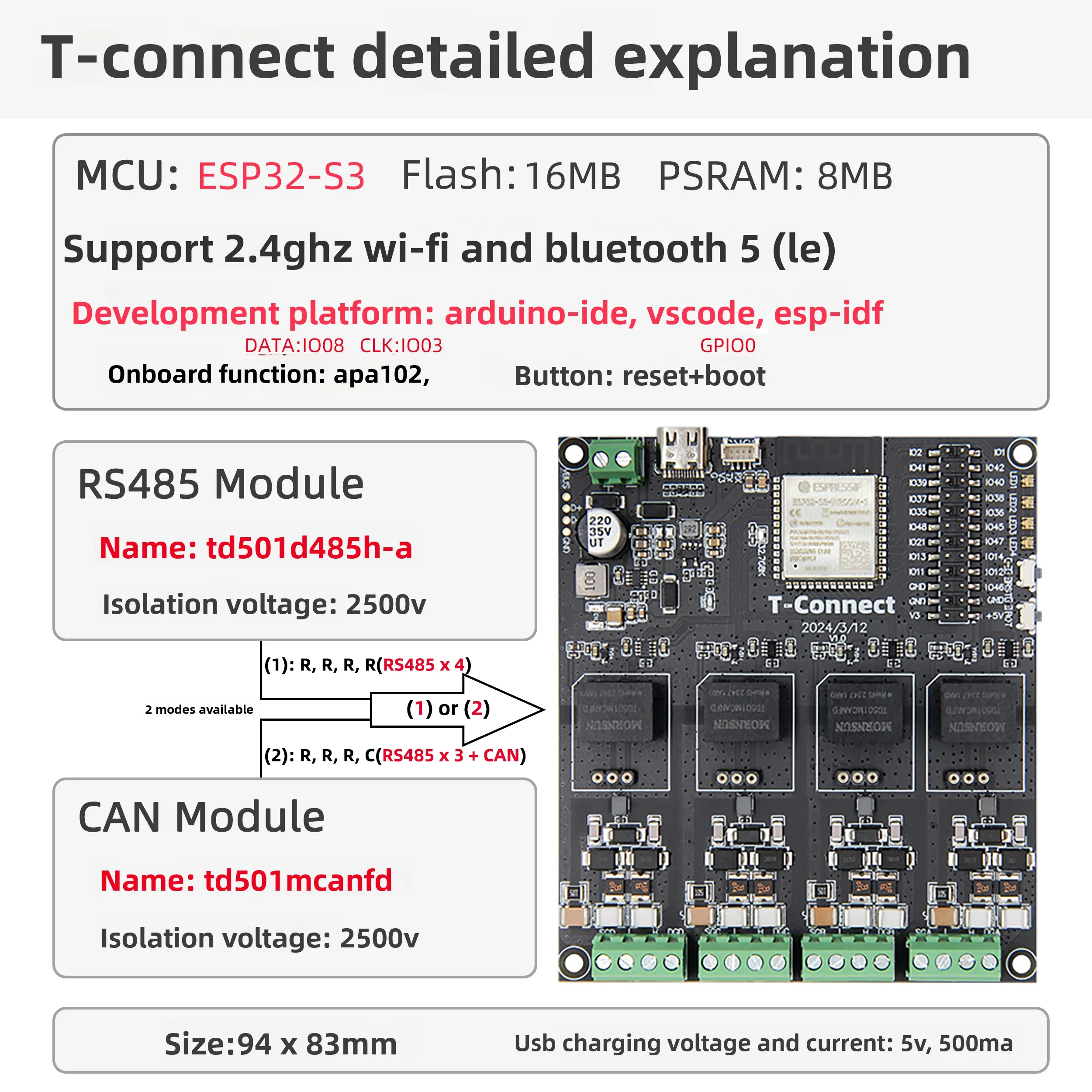 T-Connect ESP32-S3 — WiFi 2.4GHz + Bluetooth 5 + RS485/CAN: Papan yang Ringkas dan Andal untuk IoT & Transmisi Data