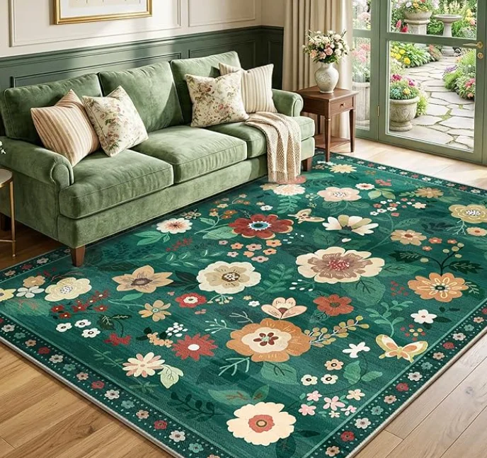 Orange Floral Boho Rug Vintage Flower Non Slip Washable Indoor Floor Carpet Mat for Living Room Bedroom Home Decor Doormat - view 3