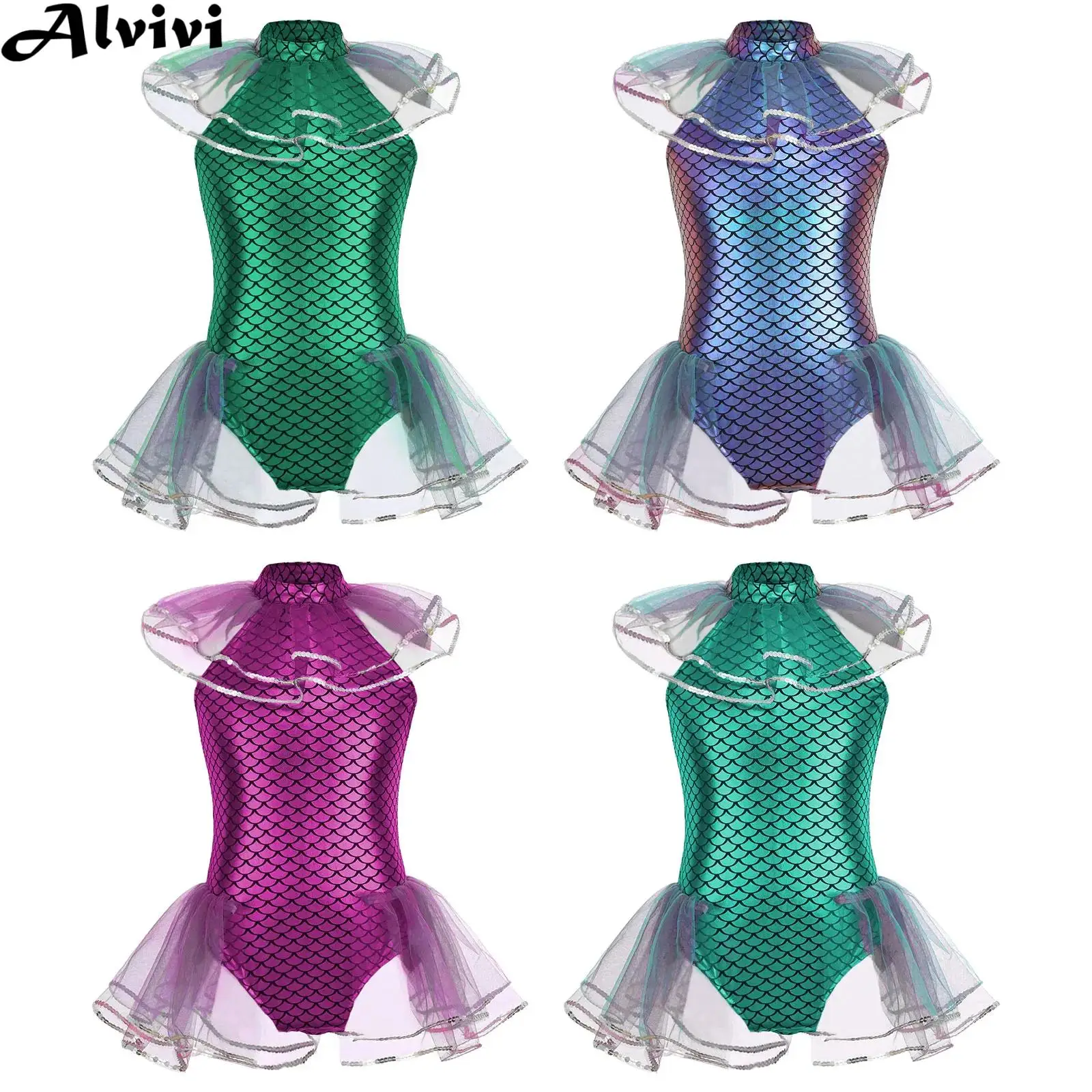 Kinderen meisjes glanzende visschubben print pailletten mesh tutu dans bodysuit met armmouwen Halloween zeemeermin prinses cosplay kostuum
