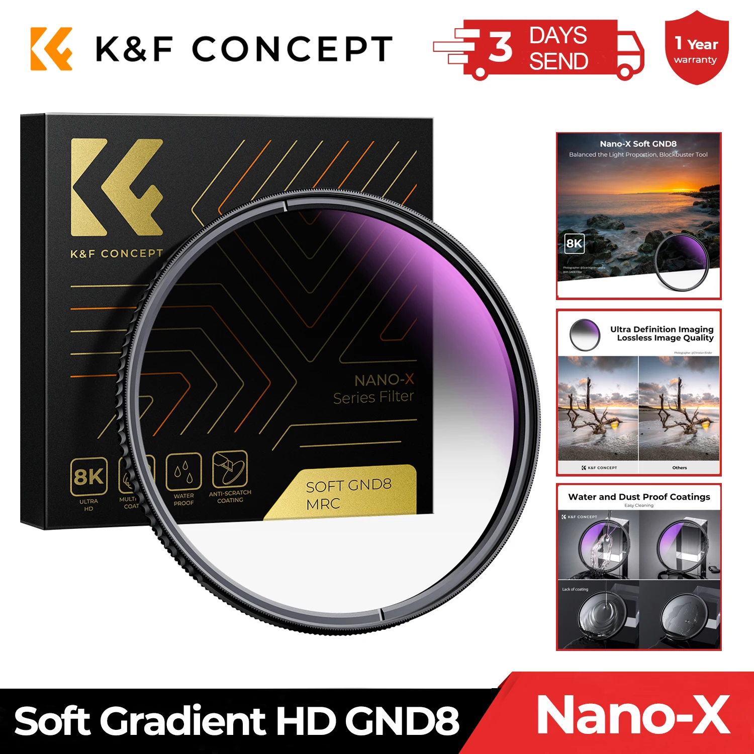 K&F Concept Nano-X HD GND8 ND8 Lens filter Optical Glass Soft Gradient with Coating 49mm 52mm 55mm 58mm 62mm 67mm 72mm 77mm 82mm