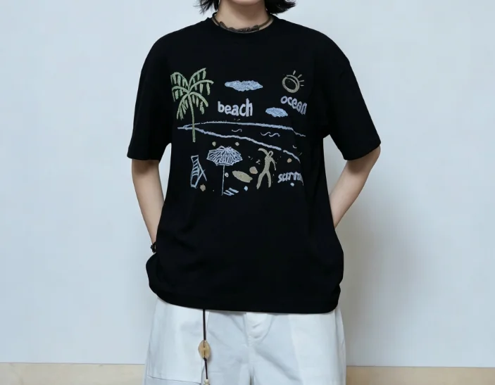 2026 New Family Matching Unisex Oversized T Shirt Beach Ocean Coconut Tree Hand Drawn Seaside Scene Print Streetwear Tee