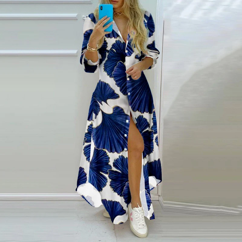 Vestido camisero elegante y Sexy con cuello tipo Polo para mujer, vestido camisero informal de manga larga de estilo Retro con estampado personalizado para primavera y otoño