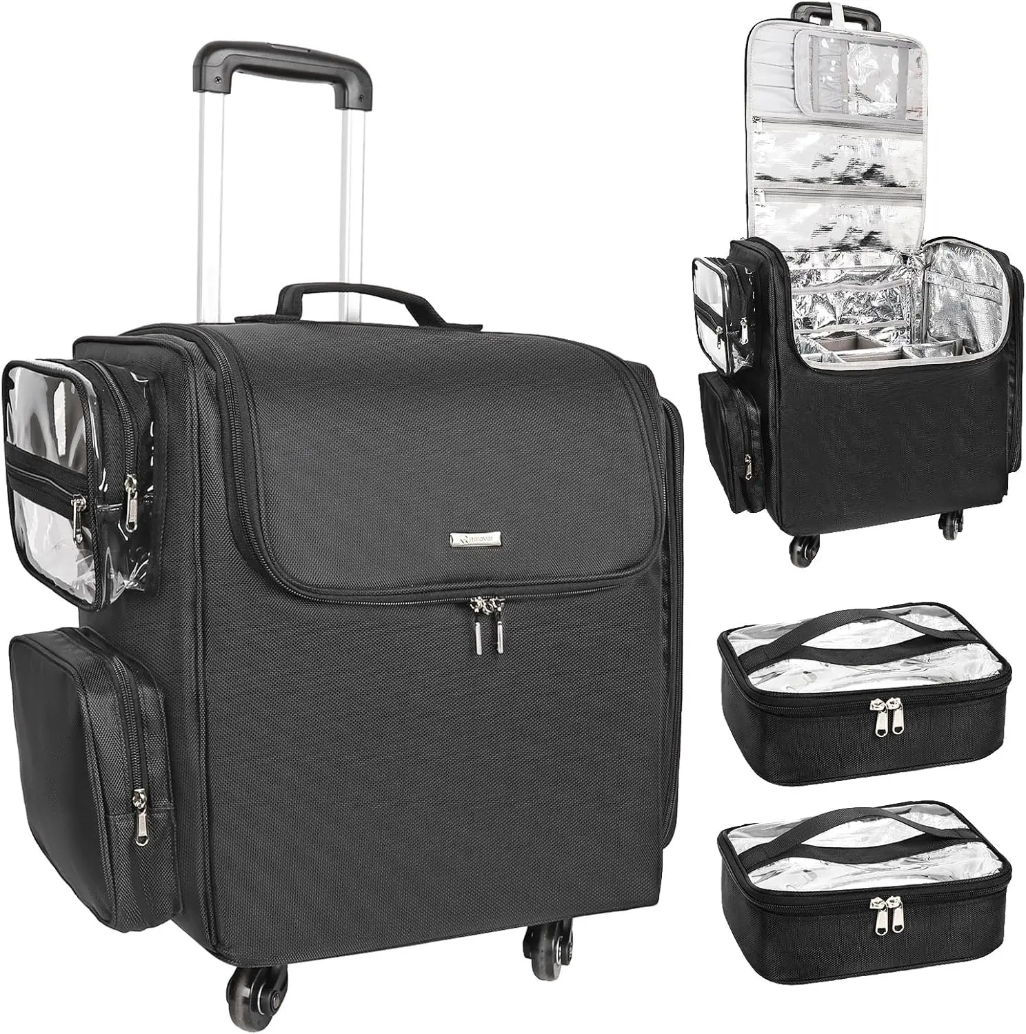 Relavel Rolling Makeup Train Case, Hairstylist Traveling Bag With 4 Wheels, Heat Insulation Full Layer, Adjustable Dividers,