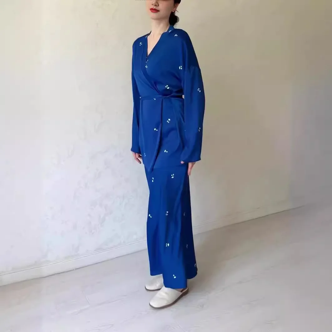 

2026 New Printed Round Neck Long Sleeve Dress Fashionable Waist-cinching Draped Satin Long Dress Set Dubai Luxury Islam Elegant