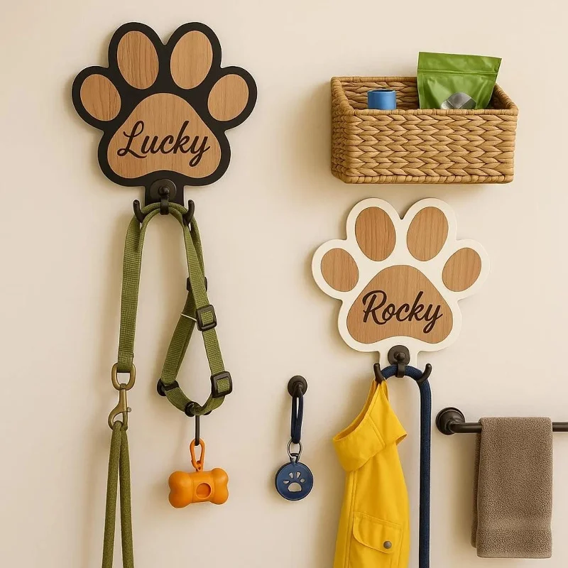 Custom Wooden Dog Leash Hanger Paw Print Wall Hook Claw Design Coat Collar Holder Unique Pet Gift for Dog Lovers