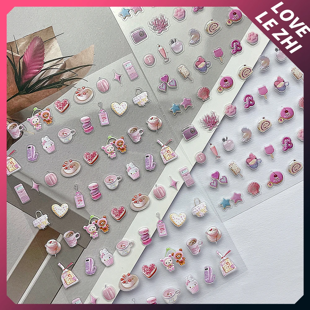 1Pcs 5D Relief Pink Afternoon Tea Series Nail Art Kawaii Stickers Ice Cream Cake Coffee Donut Manicure Art Decoration Decals