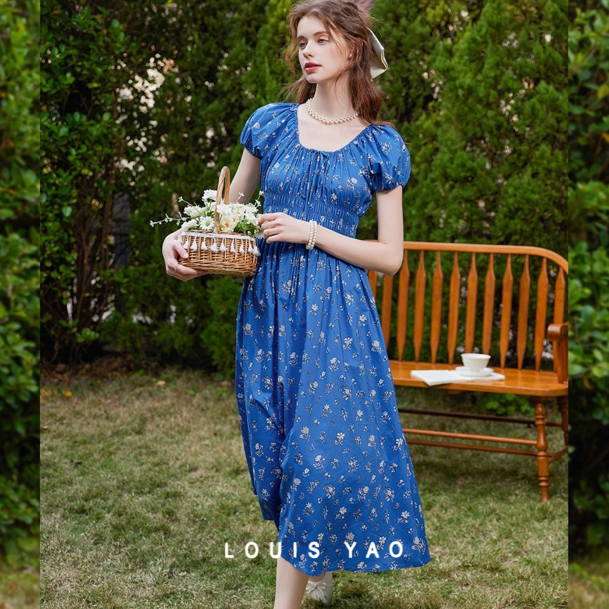 

LOUIS YAO Floral Printed Women's Dress 2025 Summer New Sweet Girlish Style Round Neck Collar Lace Up Mid Length Floral Dress