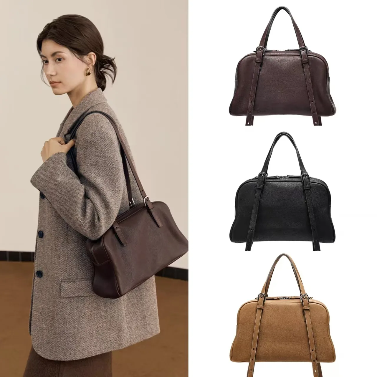 

Повседневная большая кожаная сумка Capaci, женская сумка Boston, регулируемый ремень, новинка 2025, ретро пригородная сумка на плечо, сумки-подушки