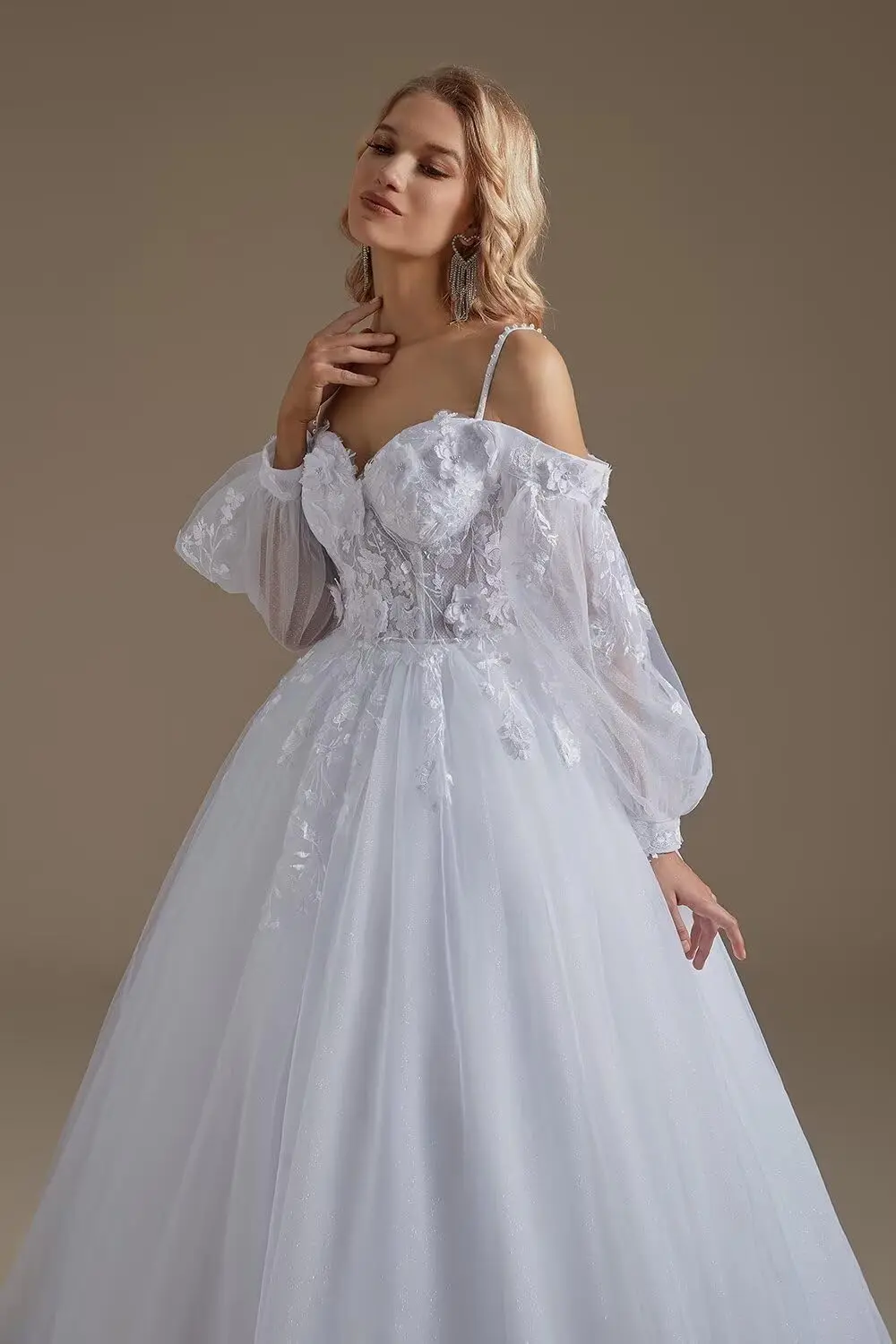 2025년 신부를 위한 웨딩드레스 레이스 아플리케 긴 소매 튤 여름 신부 드레스 여성용 A라인 오프숄더 웨딩드레스