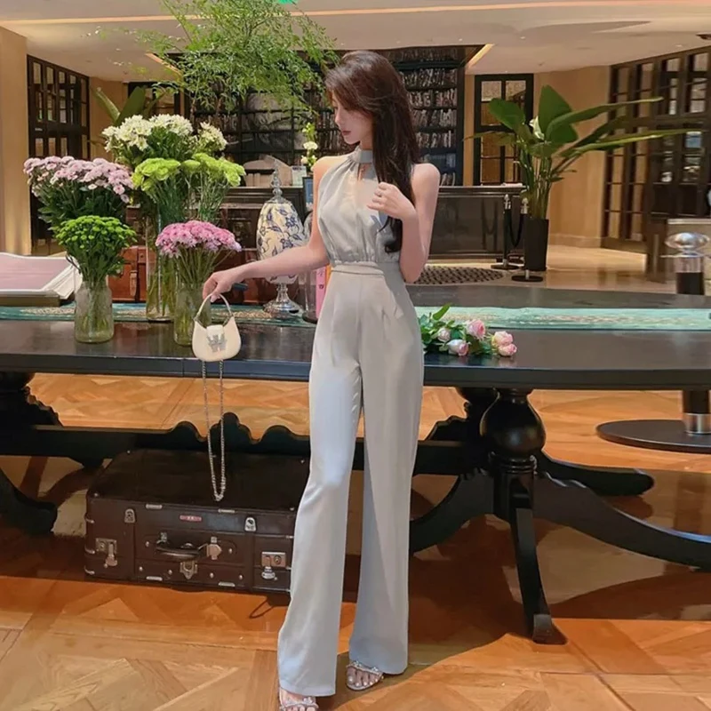 Summer Temperament Halter Straight Jumpsuits Women Elegant Party Sleeveless Rompers Strapless Pendulous Floor Length Jumpsuits