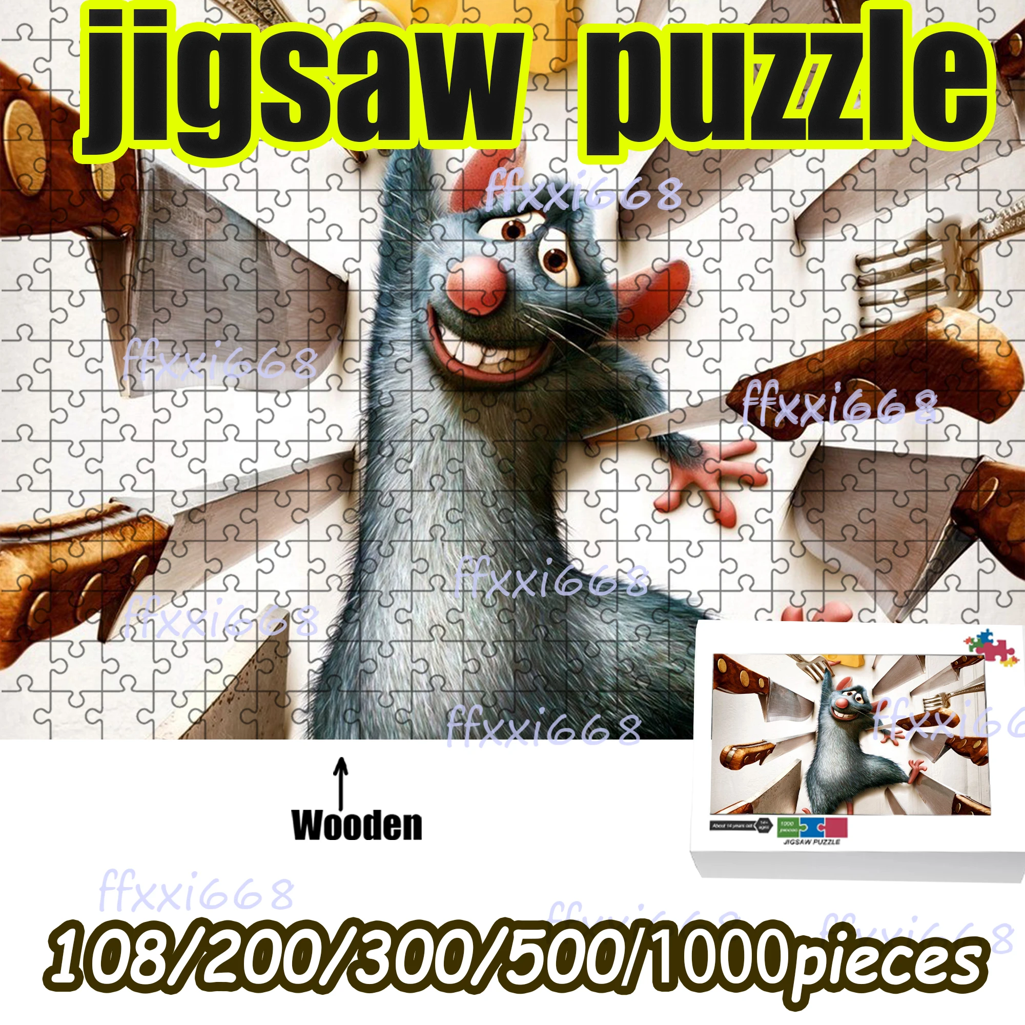 

Wooden Jigsaw Puzzle 108/200/300/500/1000 Pcs, Remy the Chef Rat Art Puzzle, Durable Wooden Pieces, Reusable & Long-Lasting