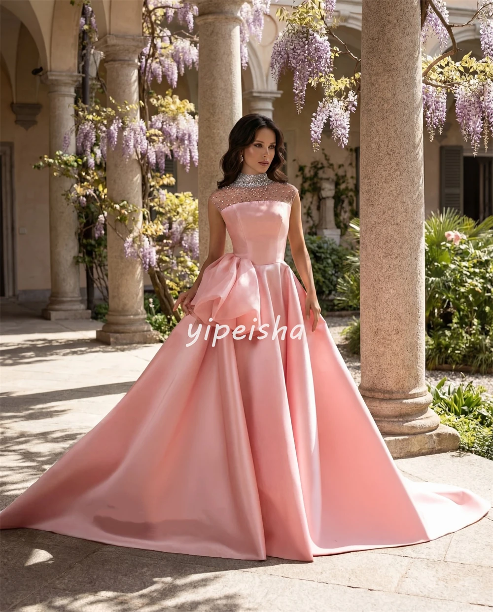 Robes de soirée formelles personnalisées, robes de bal en cristal Charmeuse de haute qualité, Style moderne, sans manches, ligne a, longueur au sol