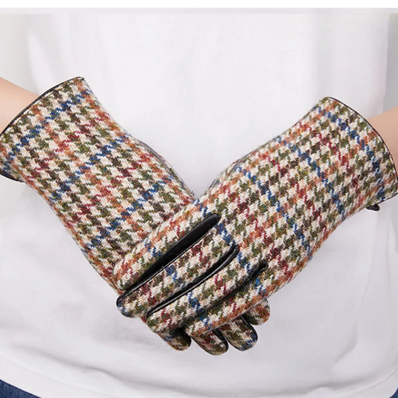 Echte Leder handschuhe mit Samt futter für Frauen, Touchscreen-Fäustlinge, wind dicht, warm, Wolle, Hand zurück, Fahren, Winter