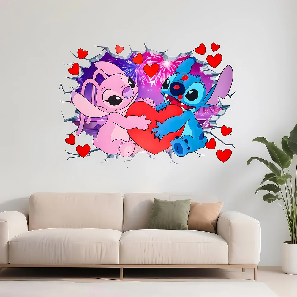 1 ملصق حائط/ملصق حائط لعيد الميلاد بطابع ديزني يتميز بالغرز والملاك كزوجين، مع قلوب حمراء نابضة بالحياة وتصميم الألعاب النارية الملونة، مناسب لتزيين الأماكن الداخلية والنافذة والشرفة والمرآة