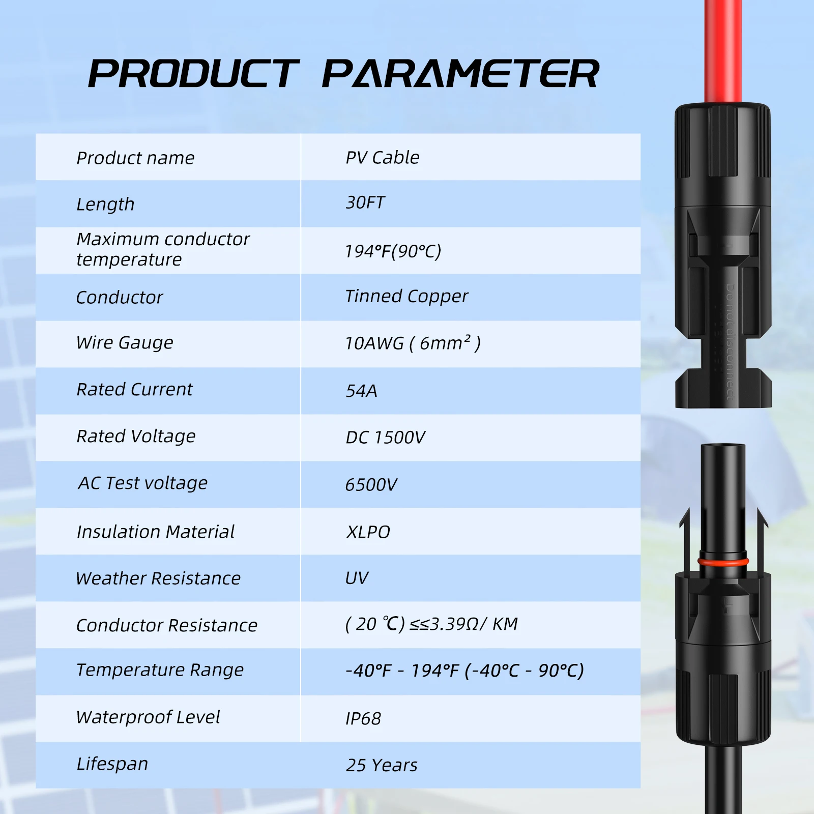 30FT 10AWG Solar Panel Extension Cable, 6mm² Solar Extension Cable Wire with Female & Male Waterproof Connectors Set of 2