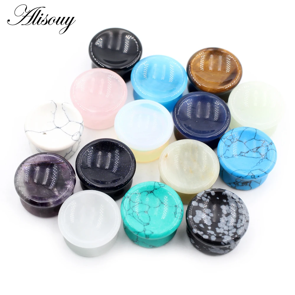 Alisouy 2pcs Women Men Concave Natural Stones Ear Tunnels Plug Flesh Expander Stretcher Gauges Earrings Body Piercing Jewelry