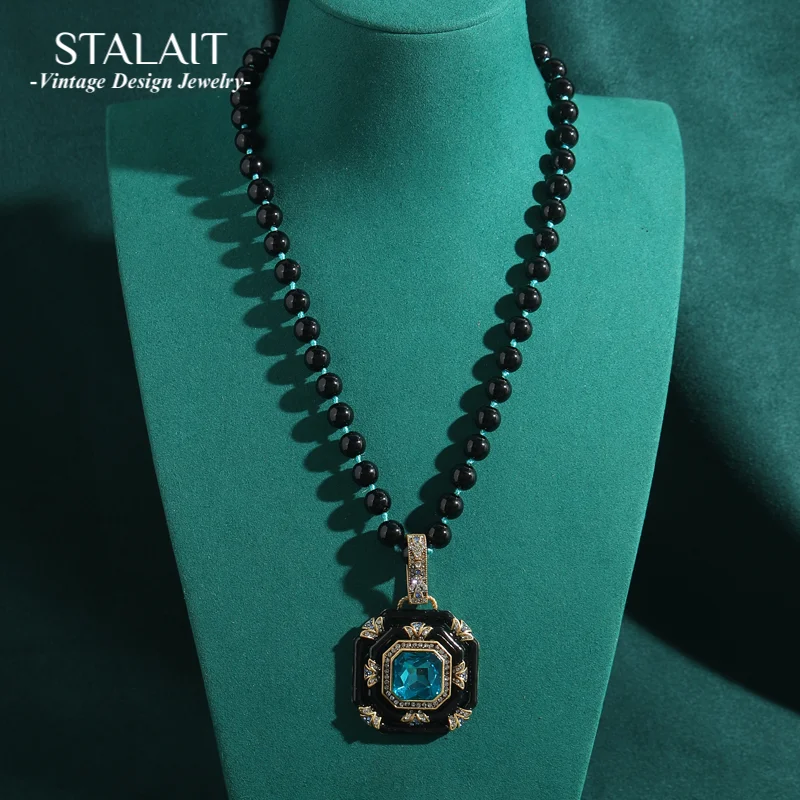 

Винтажное квадратное ожерелье с эмалью и синим кристаллом, черный натуральный камень для женщин, антикварные ювелирные изделия, аксессуары для вечеринок, новинка 2025 г.