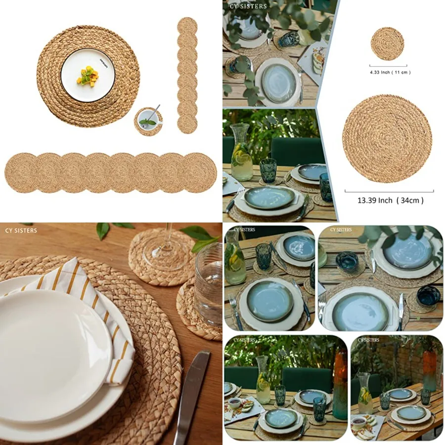 

Round Placemats Set of 8 with 8 Coasters Natural Woven Placemats Farmhouse Braided Place Mats Boho Placemat Wipeable Wicker Out