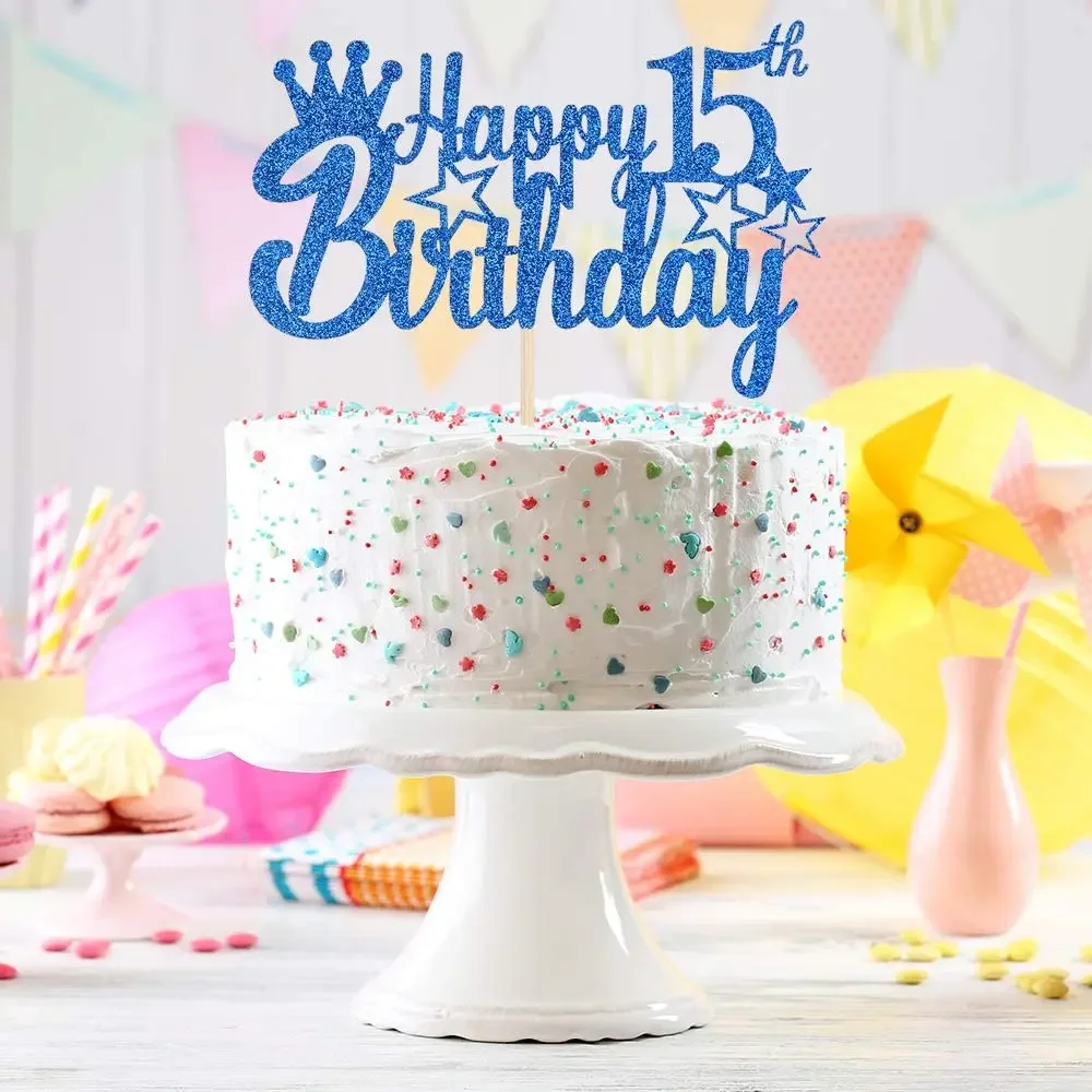Royal Blue Glitter Paper Happy 10th 15th 18th Birthday Cake Topper for Men Boy 20th 40th 70th Birthday Party Cake Decorations