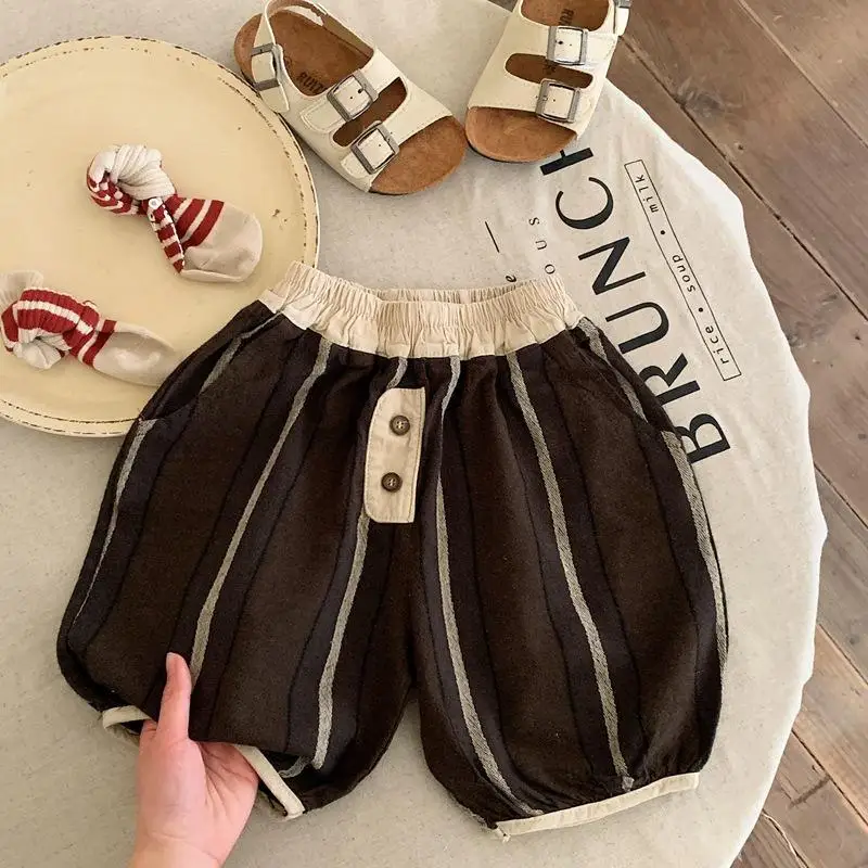 

2024 Summer New Boys Contrast Color Spliced Elastic Mid Waist Striped Pockets Stylish Casual Loose Comfortable Bloomers Shorts