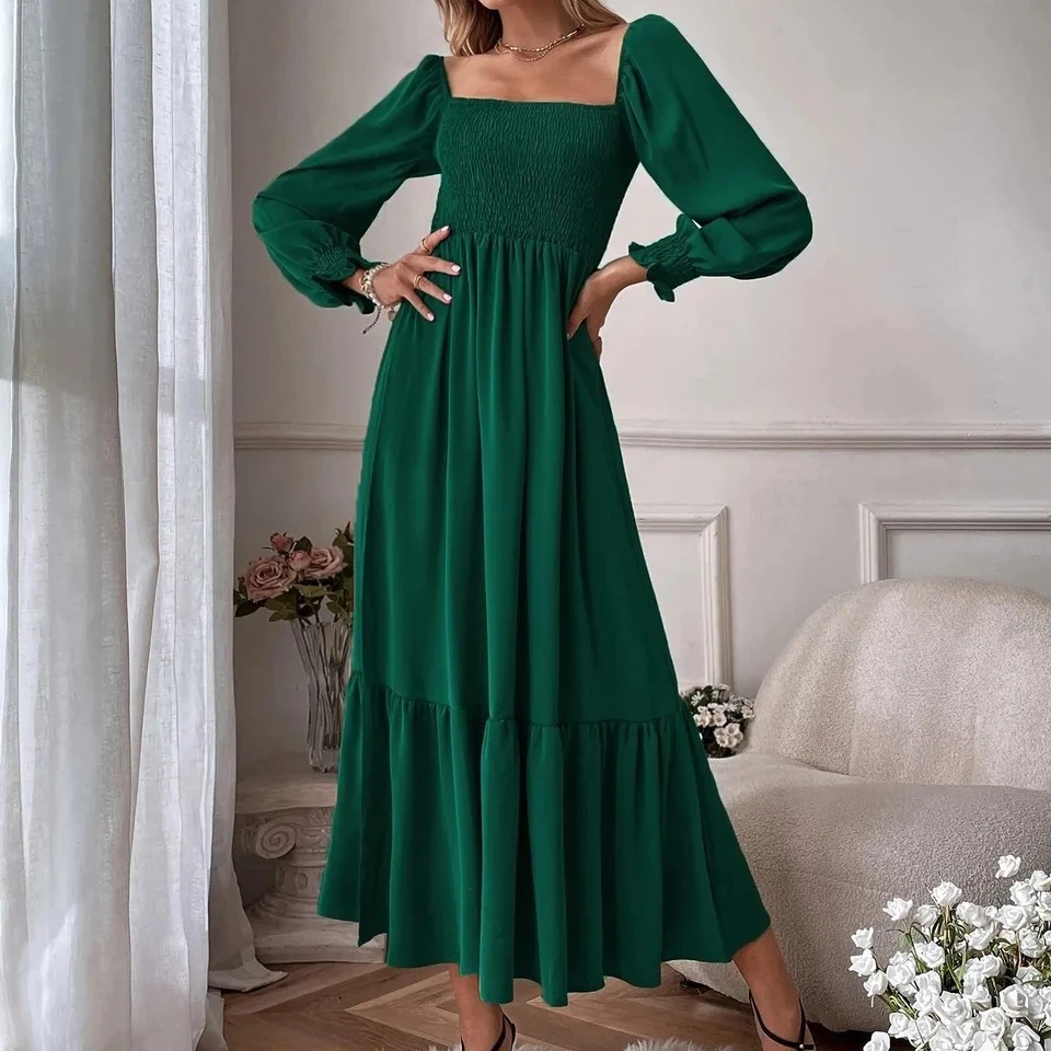 

2026 Vestidos De Mujer Spring Autumn Elegant Long Sleeve Dress Women's Square Neck A-Line Hem High Waist Ruffle Commuting Dress