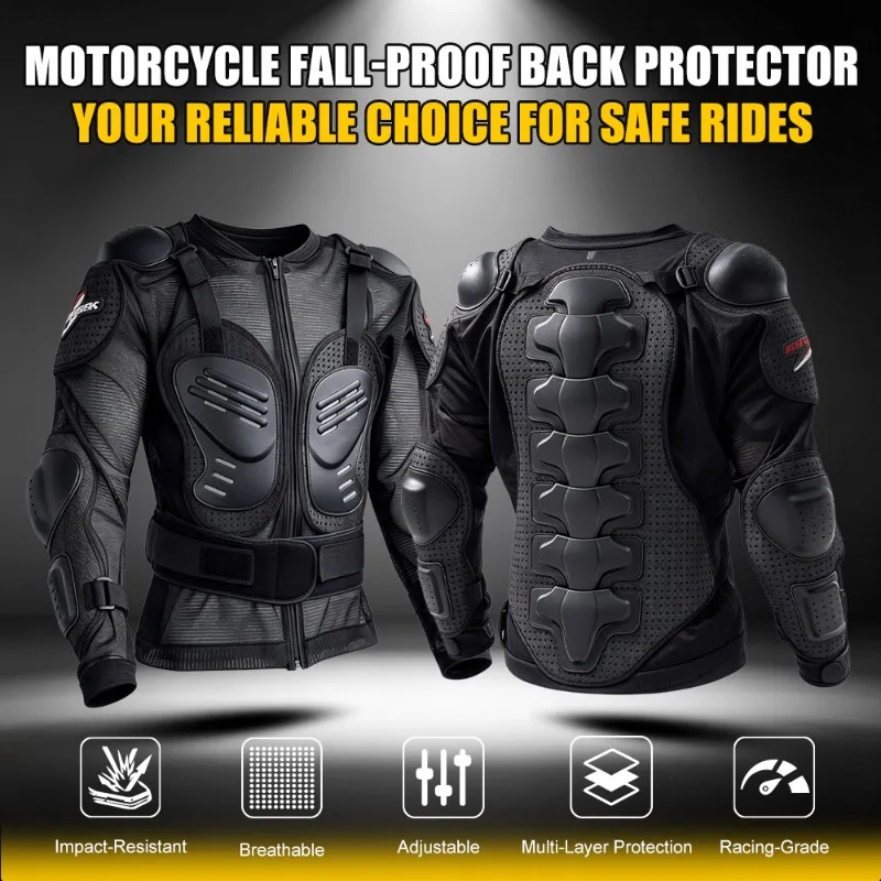 Motorcycle Riding Full Body Protective Armor Jacket PP Hard Shell EVA Impact Pads 7 Segmented Spine Guard Adjustable Waist