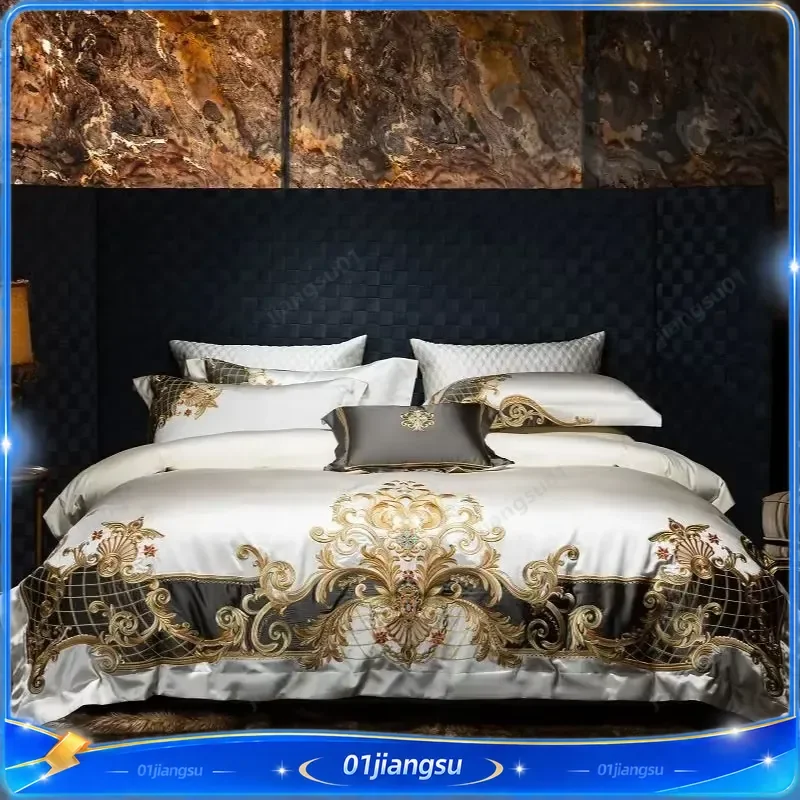 4 6 7 Pcs Luxury Gold Embroidery Satin Bedding Set 1000TC Egyptian Cotton Duvet Cover Sheet Pillowcases Soft Silky Home